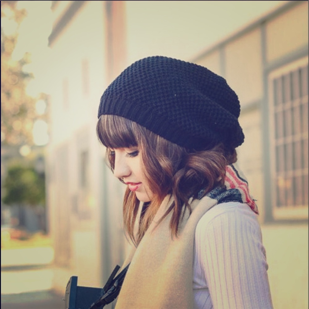 Black Waffle Knit Beanie